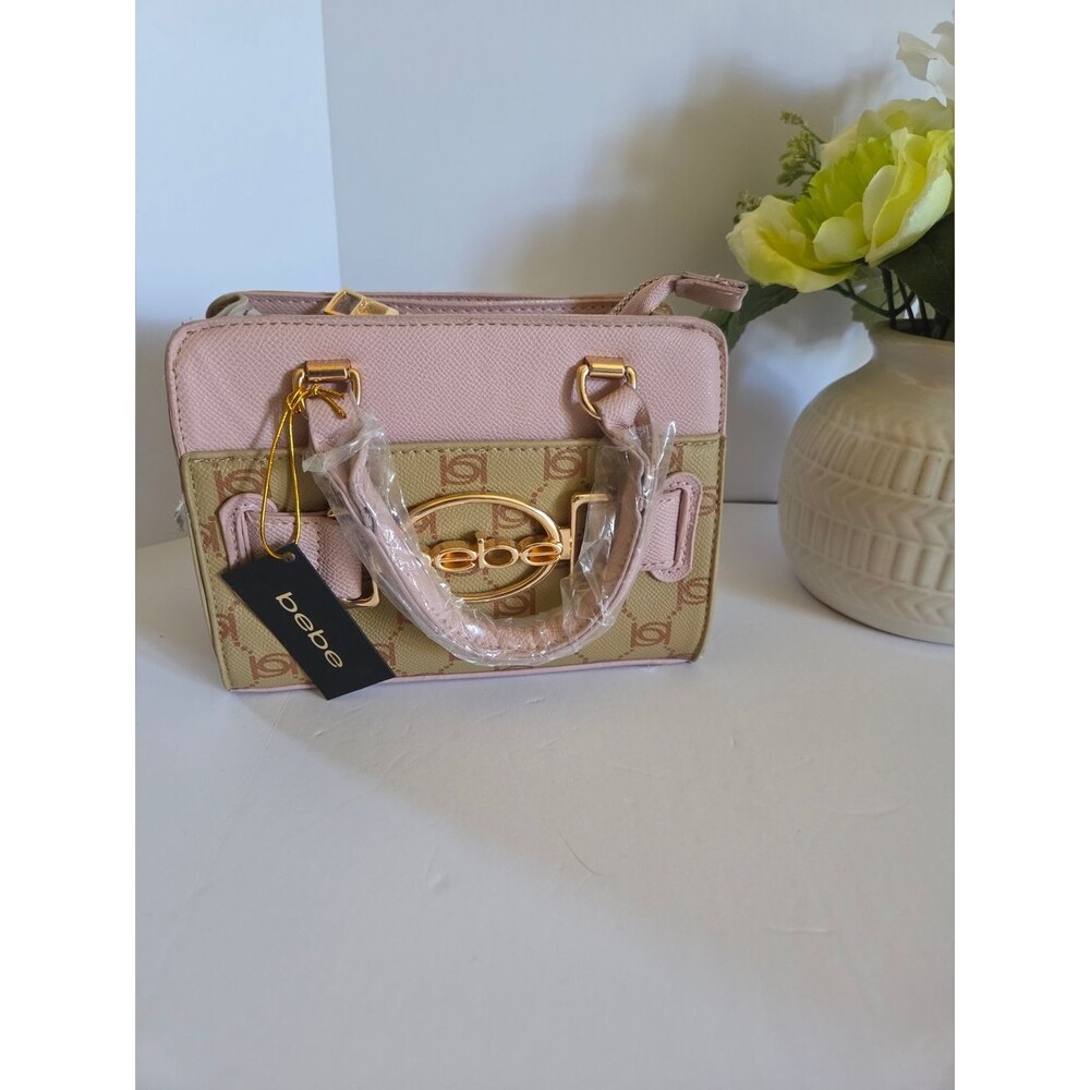 NWT Bebe Pink Monogram Mini Satchel Crossbody Bag Gold Logo Purse Handbag